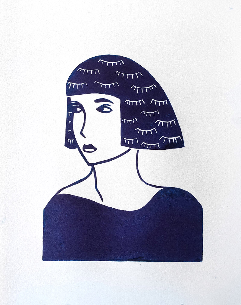 Linogravure femme bleu prusse noemiemahieux