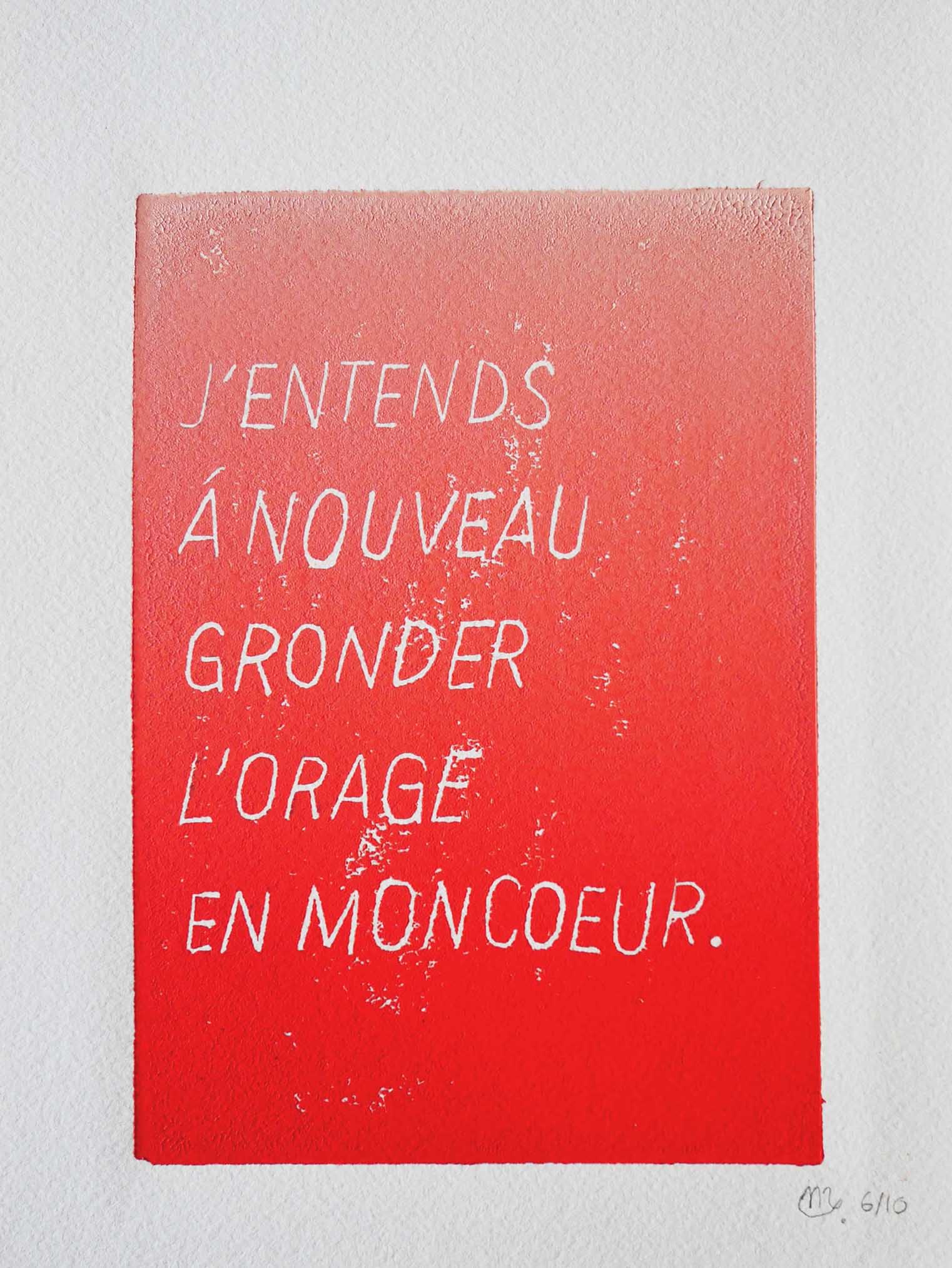 Linogravure J'entends à nouveau gronder l'orage en mon coeur noemiemahieux